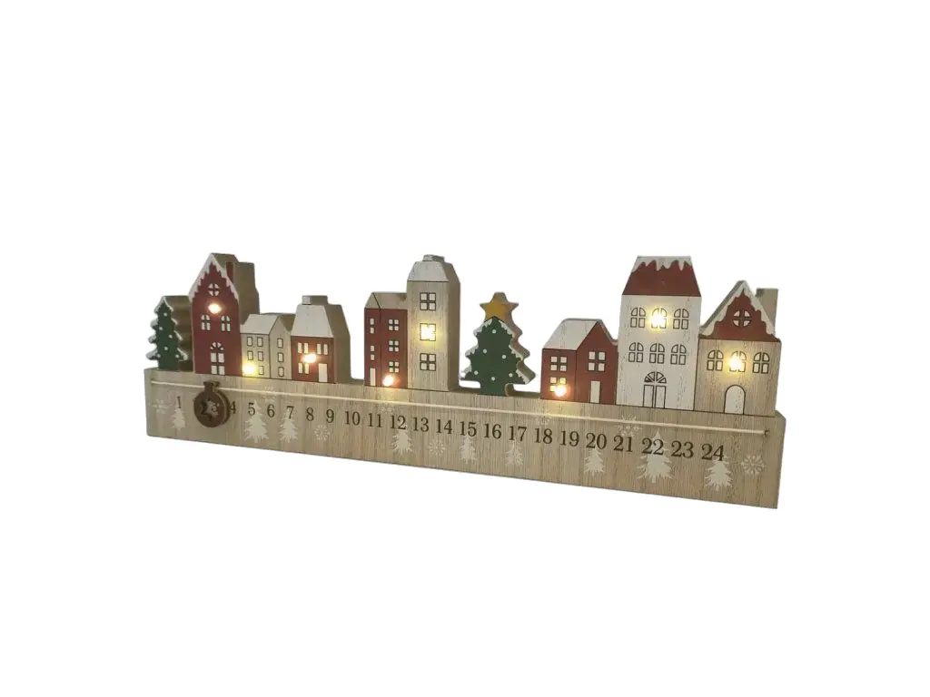 LED adventní kalendář dřevěný, 38 × 2,7 × 12 cm, barevná, na 2× AAA